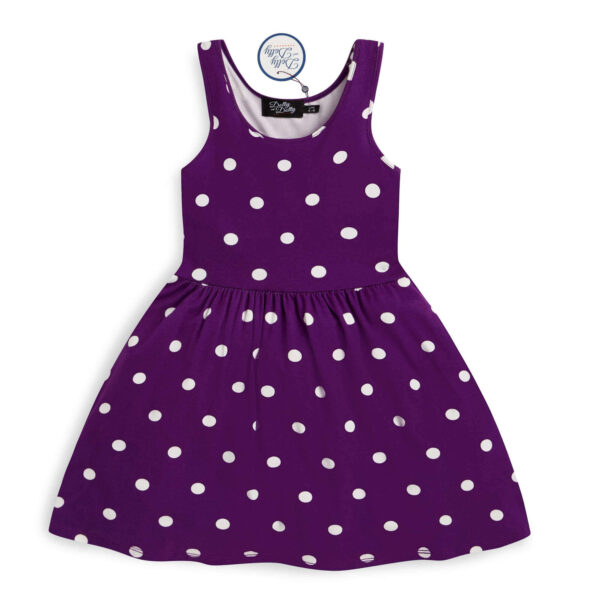 Fialové detské šaty s puntíkmi