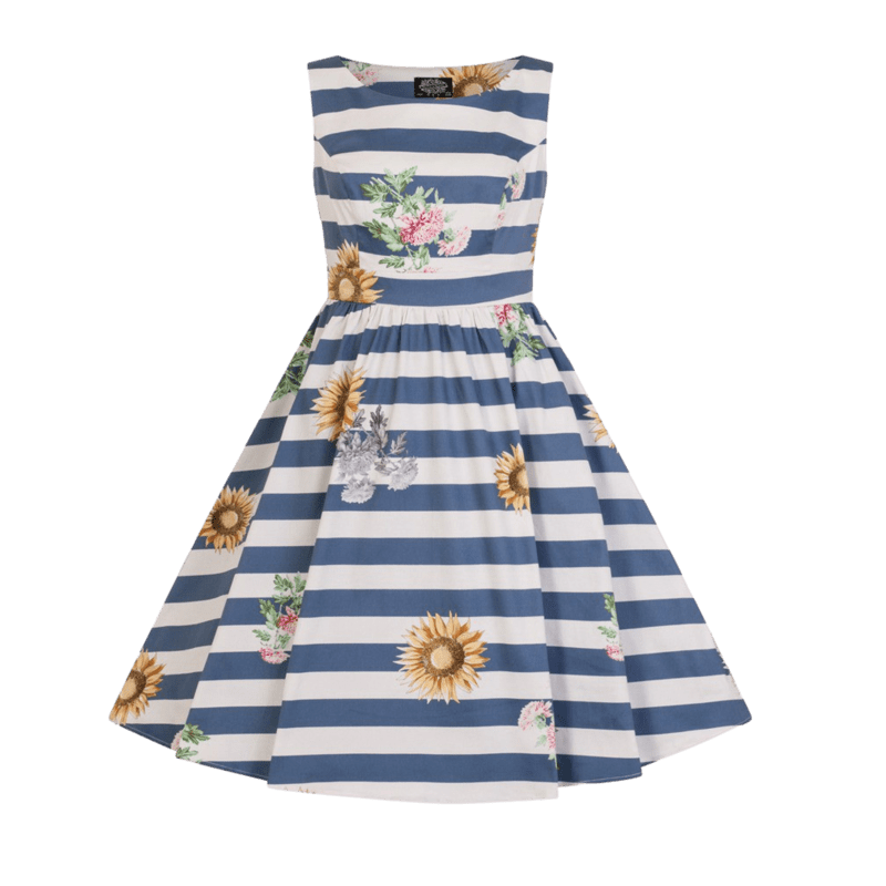Slnečnicové šaty s modrými pruhmi